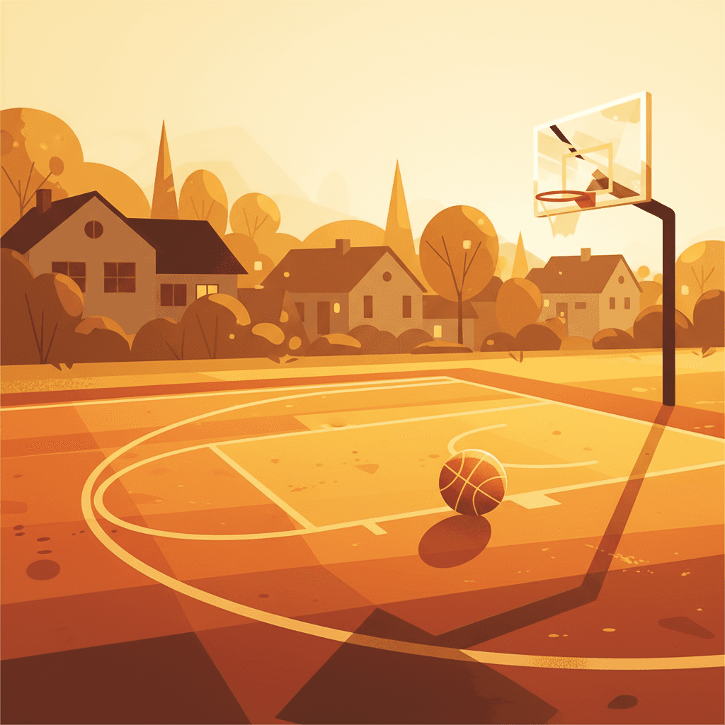Basketball resting on a backyard court at golden hour