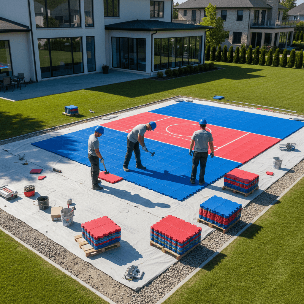 Professional basketball court installation in progress