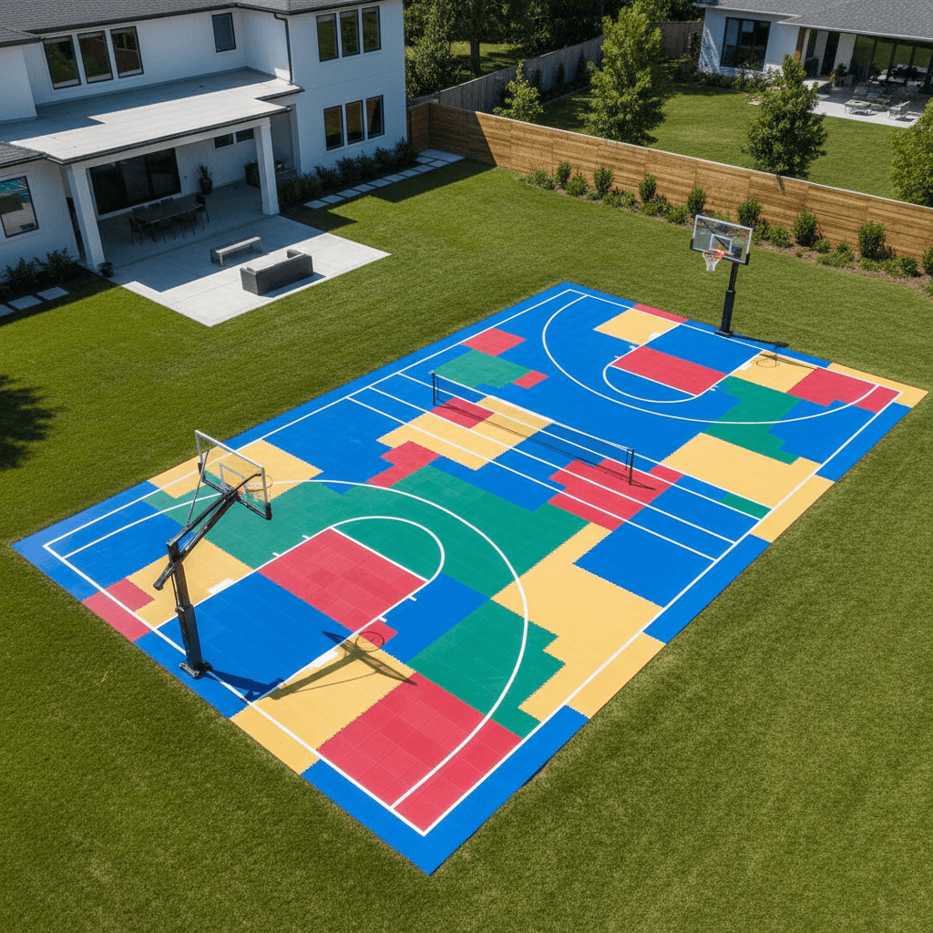 Multi-sport backyard court with basketball, tennis, and volleyball markings